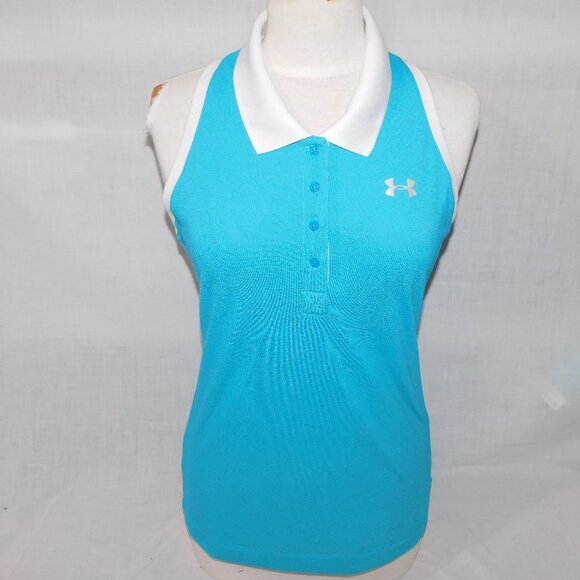 Under Armour heatgear Womens M Blue White Fitted Sleeveless Polo Shirt - Picture 1 of 8